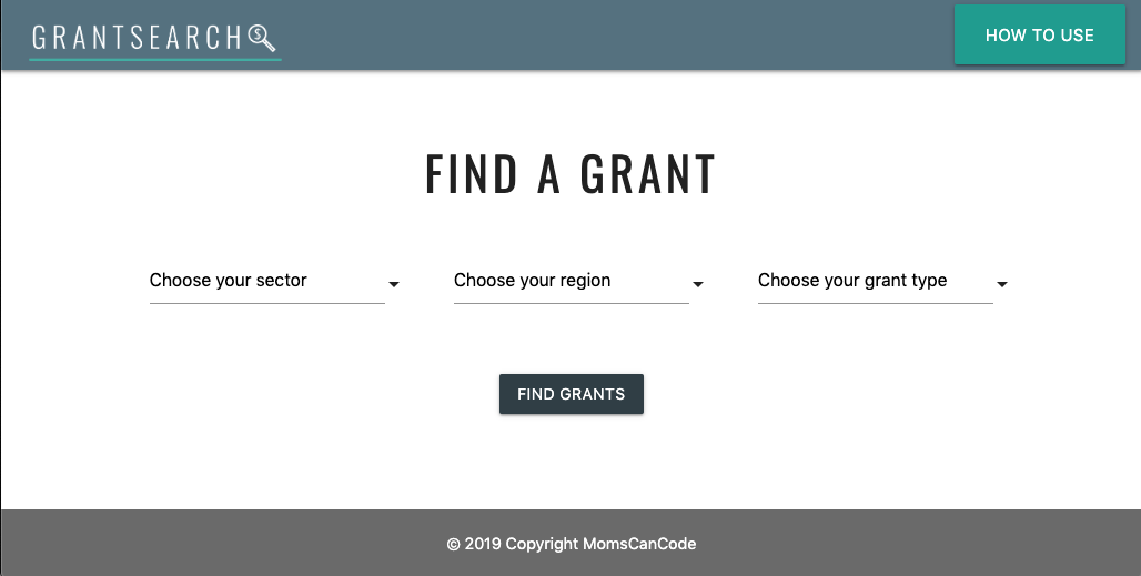 Screenshot of Grant Search Tool website